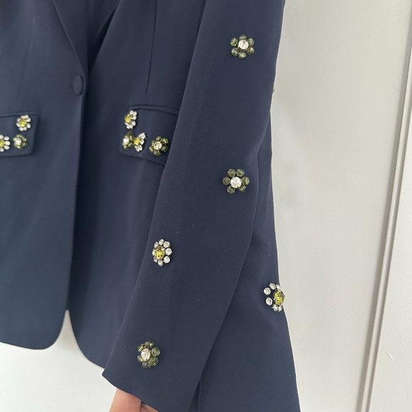 Cinq à Sept Cheyenne Blazer Jacket Rhinestone Flower Embellishments in Navy Sz 4 - Picture 7 of 11
